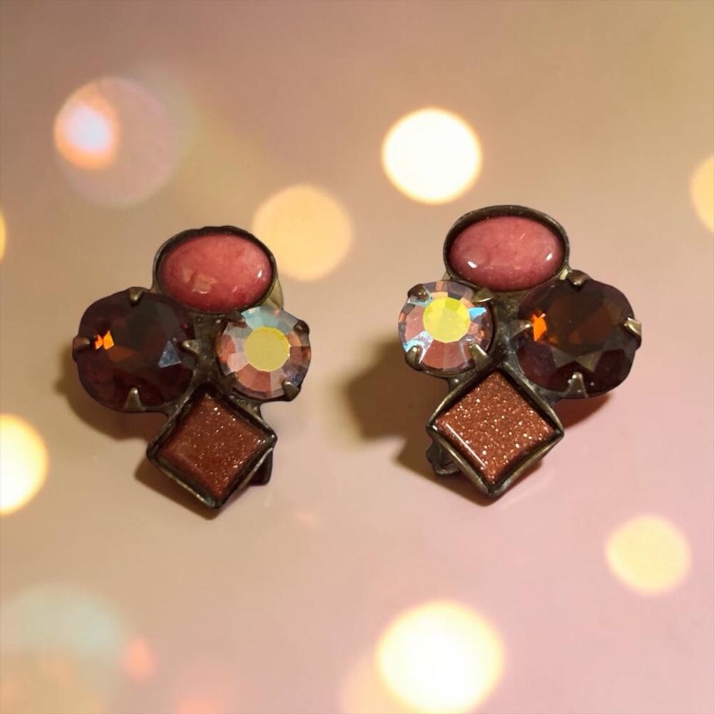 Sorelli Mocha Rhinestone Vintage Clip Earrings Goldstone Autumn Sparkle Retro
